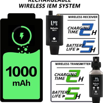 UHF Wireless In Ear Monitor System Metal, Professional Wireless IEM System, 16 Adjustable Channel, Portable Rechargeable Transmitter and bodypack Receiver for Studio, Band Rehearsal, Live Performance