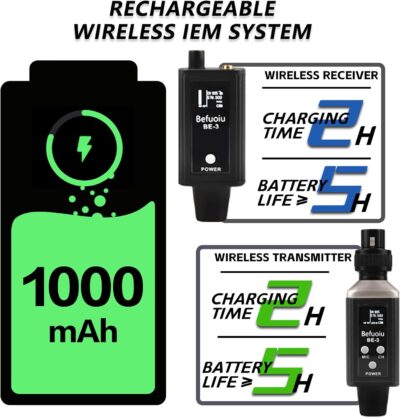 UHF Wireless In Ear Monitor System Metal, Professional Wireless IEM System, 16 Adjustable Channel, Portable Rechargeable Transmitter and bodypack Receiver for Studio, Band Rehearsal, Live Performance