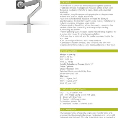 Humanscale M2.1 Adjustable Monitor Arm with Two-Piece Clamp Mount with Base – Silver M21CMSBTB