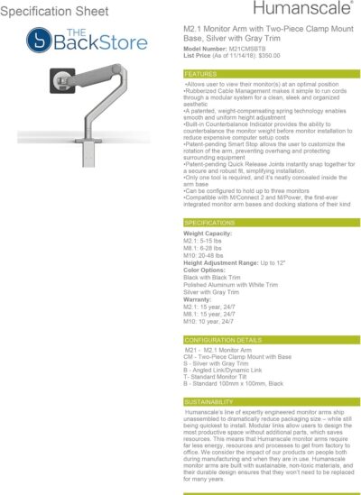Humanscale M2.1 Adjustable Monitor Arm with Two-Piece Clamp Mount with Base – Silver M21CMSBTB