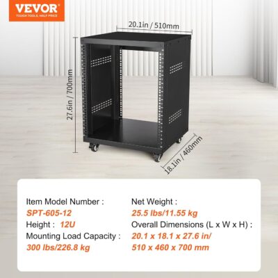 VEVOR 12U AV Rack Stand with Caster Wheels, Component Rack Cabinet Recording Studio Racks, Removable Side Panels, Universal Network Server Case, Special Vents for 19 Audio Video Rack Mounting