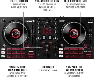 DJ Controller Bundle – DJ Set with 4 Decks, DJ Mixer, Audio Interface, Jog Wheel Displays, FX and DJ Headphones – Numark Mixtrack Platinum FX and HF175