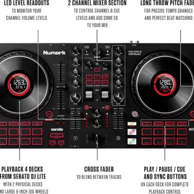 DJ Controller Bundle – DJ Set with 4 Decks, DJ Mixer, Audio Interface, Jog Wheel Displays, FX and DJ Headphones – Numark Mixtrack Platinum FX and HF175