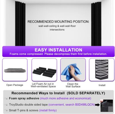 TroyStudio Bass Traps – 12 Pcs 4 X 4 X 12 Inches Dense Thick Studio Bass Foam Corner, Acoustic Treatment Panel Absorbing Echo Reverb, Low Frequency Sound Absorber for Music Room Home Recording Studio