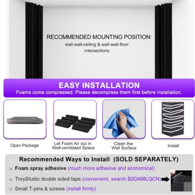TroyStudio Bass Traps – 12 Pcs 4 X 4 X 12 Inches Dense Thick Studio Bass Foam Corner, Acoustic Treatment Panel Absorbing Echo Reverb, Low Frequency Sound Absorber for Music Room Home Recording Studio