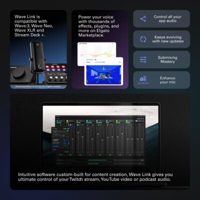Elgato Wave:3 – Premium Studio Quality USB Condenser Microphone for Streaming, Podcast, Gaming and Home Office, Free Mixer Software, Sound Effect Plugins, Anti-Distortion, Plug n Play, for Mac, PC