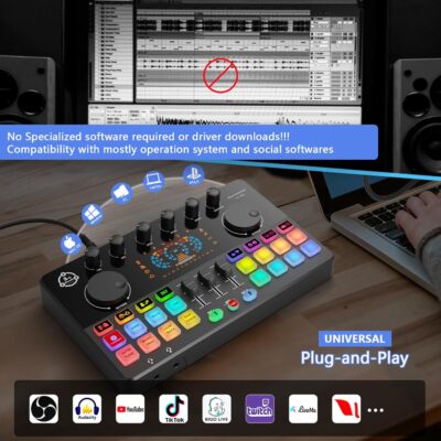 Podcast Equipment Bundle for 4, Audio Interface with 4 Dynamic Microphone, 4 Desktop Mic Stands, Voice Change, DJ Mixer for Vocal Recording Podcasting,Streaming,Singing TikTok, COMMANDER M100 3rd