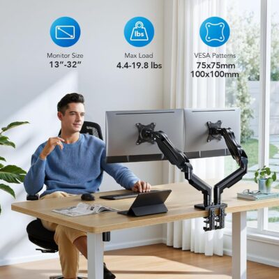 HUANUO FlowLift™ Dual Monitor Stand, Fully Adjustable Gaming Monitor Desk Mount for 13–32″ Computer Screens, Full Motion VESA 75×75/100×100 with C-Clamp & Grommet Base, Each Arm Holds 4.4 to 19.8 lbs