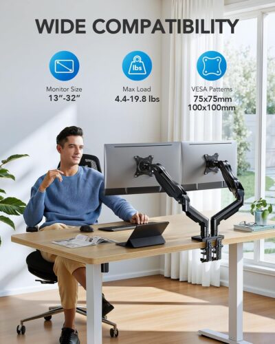 HUANUO FlowLift™ Dual Monitor Stand, Fully Adjustable Gaming Monitor Desk Mount for 13–32″ Computer Screens, Full Motion VESA 75×75/100×100 with C-Clamp & Grommet Base, Each Arm Holds 4.4 to 19.8 lbs