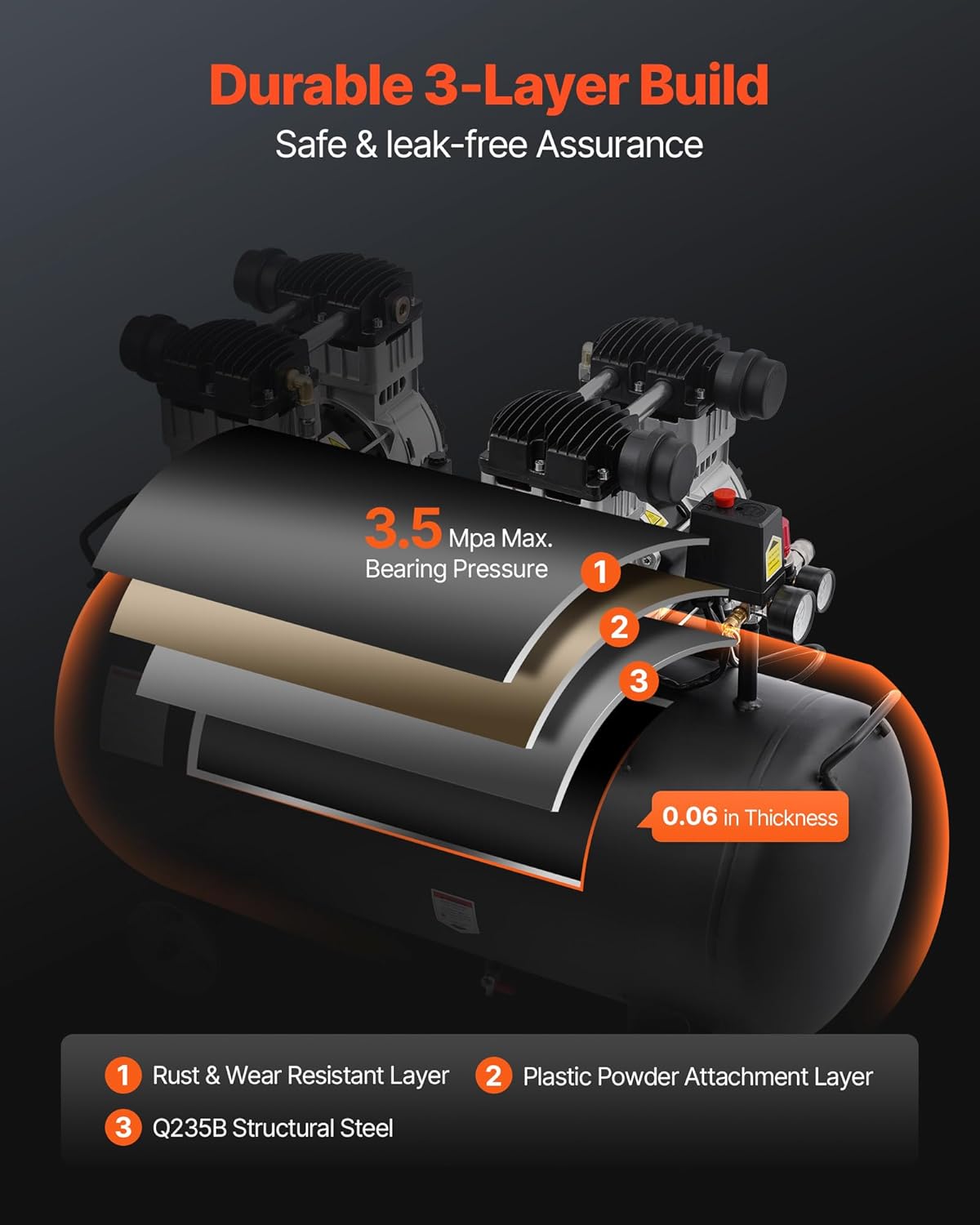 VEVOR Air Compressor, 20 Gallon Steel Tank, 4HP 10.6 CFM@90 PSI Oil Free Air Compressor & Max. 125PSI Pressure, 78dB Ultra Quiet Compressor for Auto Repair, Tire Inflation, Spray Painting (220V 60Hz)