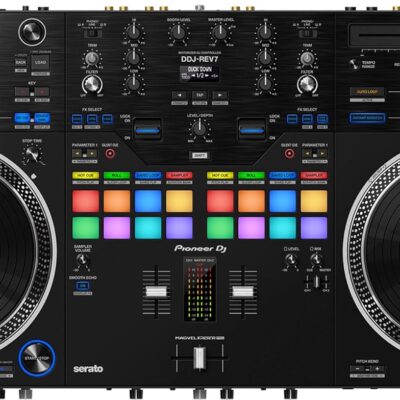 Pioneer DDJ-REV7 Scratch-Style 2-Channel Professional DJ Controller Bundle with Case, Headphones, XLR Microphone Cable, TRS to Dual TS Breakout Cable, and Austin Bazaar Polishing Cloth