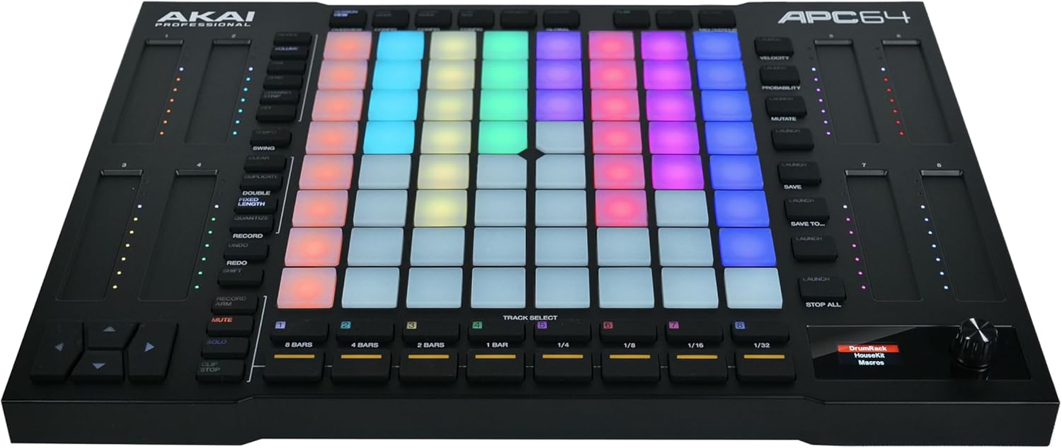 Akai Professional APC64 Ableton MIDI Controller with 8 Touch Strips, Step Sequencer, 64 RGB Velocity-Sensitive Pads, CV Gates, MIDI In and Out, USB-C