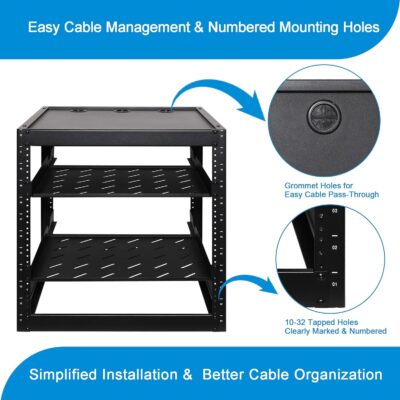 RackPath 12U Open Frame Network Rack with 2X 14in Vented 1U Shelves Rear Support, Wall Mount/Floor Standing Network Cabinet, Heavy Duty 150 lbs Capacity for IT & AV Gear, Audio and Video Device
