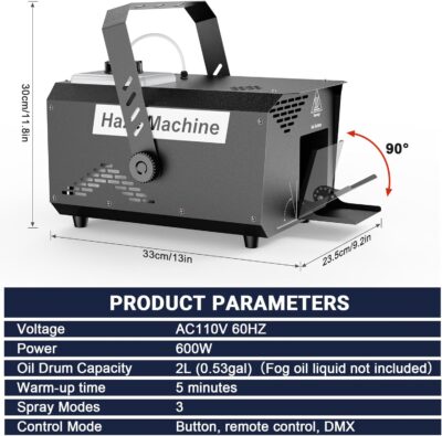 600W Stage Haze Machine: Continuous Output Fog Machine – Wireless Remote & DMX Control – Adjustable Smoke Outlet for Stage DJ Halloween Club Christmas Wedding Party Light Show