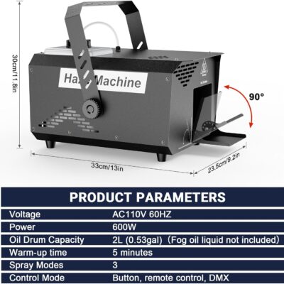 600W Stage Haze Machine: Continuous Output Fog Machine – Wireless Remote & DMX Control – Adjustable Smoke Outlet for Stage DJ Halloween Club Christmas Wedding Party Light Show