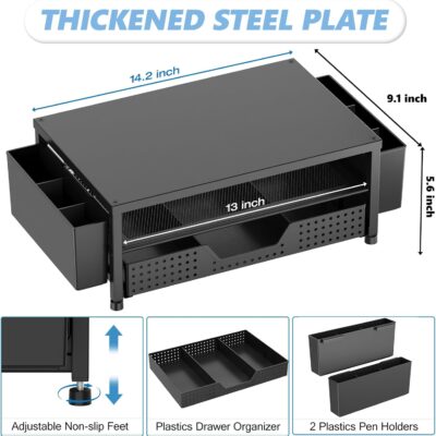 OPNICE Desk Organizers and Accessories, Computer Monitor Stand Riser with Drawer and 2 Pen Holders, Laptop Stand, Office Desk Accessories & Workspace Organizers for Home Office Supplies, Office Book Rack, Black