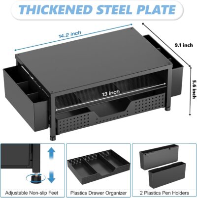 OPNICE Desk Organizers and Accessories, Computer Monitor Stand Riser with Drawer and 2 Pen Holders, Laptop Stand, Office Desk Accessories & Workspace Organizers for Home Office Supplies, Office Book Rack, Black