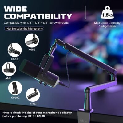 71Z OlL8p1L. AC SL1500 FIFINE Microphone Boom Arm, Low Profile Adjustable Stick Microphone Arm Stand with Desk Mount Clamp, Screw Adapter, Cable Management, for Podcast Streaming Gaming Studio-BM88
