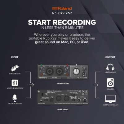 Roland Rubix22 2-In/2-Out USB Audio Interface | High-Resolution Audio | Record with Mics, Guitars, Keys & More | Compact & Durable Build | Compatible with Mac, PC & iPad | Expanded I/O Features