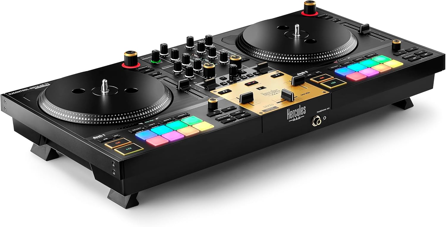 Hercules DJ T7 Premium, 2 Deck Motorized DJ Controller with built in STEMS Control, Serato DJ and DJUCED included Gold