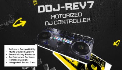 Pioneer DDJ-REV7 Scratch-Style 2-Channel Professional DJ Controller – Black Bundle with Laptop Stand, Headphones, and Austin Bazaar Polishing Cloth