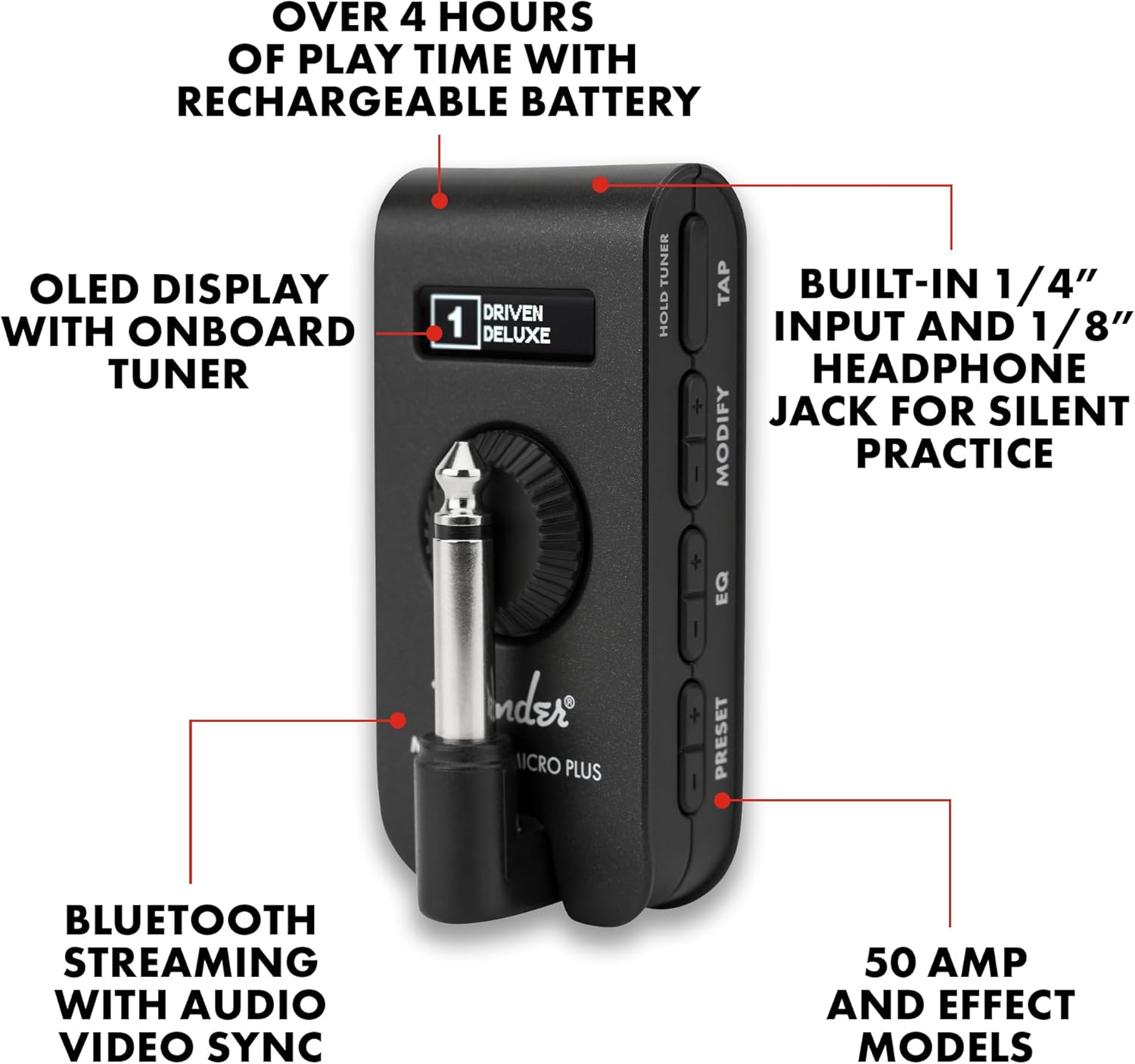 Fender Mustang Micro Plus Headphone Amplifier, Bluetooth Audio Streaming and 50 Amp and Effects Models, with 2-Year Warranty