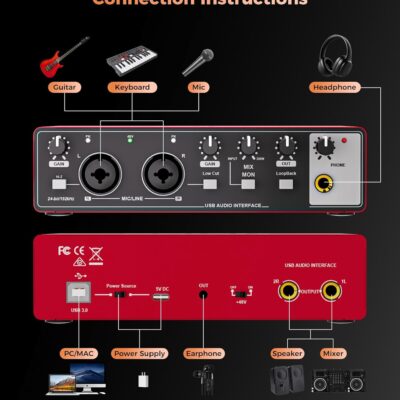 TISINO Audio Interface 24Bit/192kHz, USB Audio Interface for Recording, Songwriting, Streaming and Podcasting, Plug & Play Studio Interface with 48V Phantom Power, PC/Mac/iOS Compatible,RED