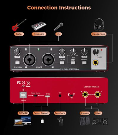 TISINO Audio Interface 24Bit/192kHz, USB Audio Interface for Recording, Songwriting, Streaming and Podcasting, Plug & Play Studio Interface with 48V Phantom Power, PC/Mac/iOS Compatible,RED