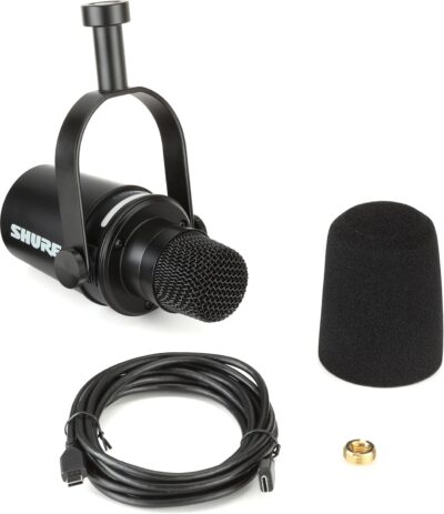 Shure MV7+ Podcast Dynamic Microphone with Articulating Desktop Boom Arm. OBS Certified, Enhanced Audio, LED Touch Panel, USB-C & XLR Outputs, Auto Level Mode, Digital Pop Filter, Reverb -Black