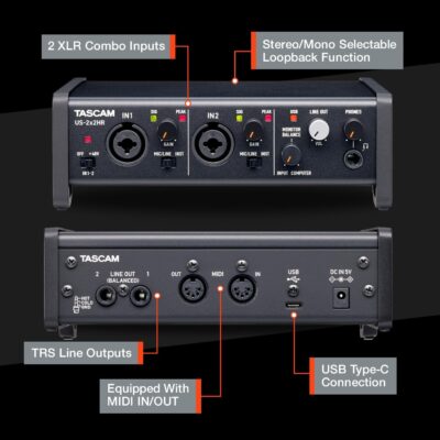 Tascam US-2x2HR 2 Mic 2IN/2OUT High Resolution Versatile USB Audio Interface for Recording, Streaming, Podcasting, Songwriting