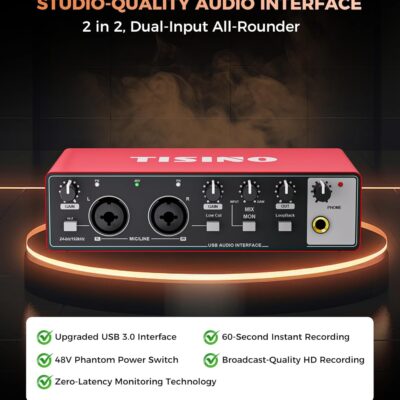 TISINO Audio Interface 24Bit/192kHz, USB Audio Interface for Recording, Songwriting, Streaming and Podcasting, Plug & Play Studio Interface with 48V Phantom Power, PC/Mac/iOS Compatible,RED