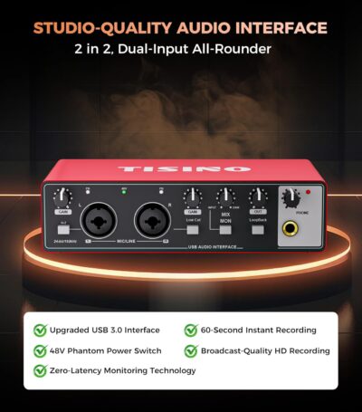 TISINO Audio Interface 24Bit/192kHz, USB Audio Interface for Recording, Songwriting, Streaming and Podcasting, Plug & Play Studio Interface with 48V Phantom Power, PC/Mac/iOS Compatible,RED