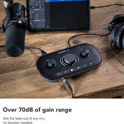 Focusrite Vocaster Two — Podcasting Interface for Recording Host and Guest. 2 Mic Inputs and Headphone Outputs, with Auto Gain, Enhance, and Mute. Small, Lightweight, and Powered by Computer