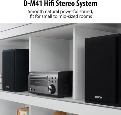 Denon D-M41 Home Theater Mini Amplifier and Bookshelf Speaker Pair – Compact HiFi CD Stereo System with Speakers, FM/AM Tuner, Wireless Bluetooth Amplifier | Perfect for Small Rooms and Home Cinema