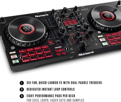 DJ Controller Bundle – DJ Set with 4 Decks, DJ Mixer, Audio Interface, Jog Wheel Displays, FX and DJ Headphones – Numark Mixtrack Platinum FX and HF175