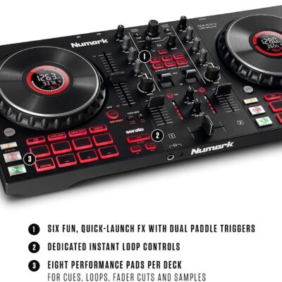 DJ Controller Bundle – DJ Set with 4 Decks, DJ Mixer, Audio Interface, Jog Wheel Displays, FX and DJ Headphones – Numark Mixtrack Platinum FX and HF175