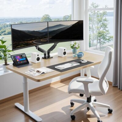 HUANUO FlowLift™ Dual Monitor Stand, Fully Adjustable Gaming Monitor Desk Mount for 13–32″ Computer Screens, Full Motion VESA 75×75/100×100 with C-Clamp & Grommet Base, Each Arm Holds 4.4 to 19.8 lbs