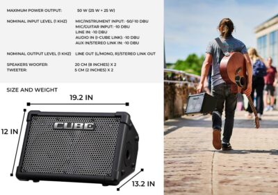 Roland Cube Street EX 4-Channel 50-Watt Battery-Powered Amplifier Bundle with Microphone, Instrument Cable, Batteries, and Austin Bazaar Polishing Cloth