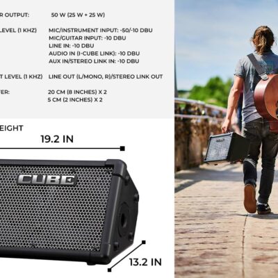 Roland Cube Street EX 4-Channel 50-Watt Battery-Powered Amplifier Bundle with Microphone, Instrument Cable, Batteries, and Austin Bazaar Polishing Cloth