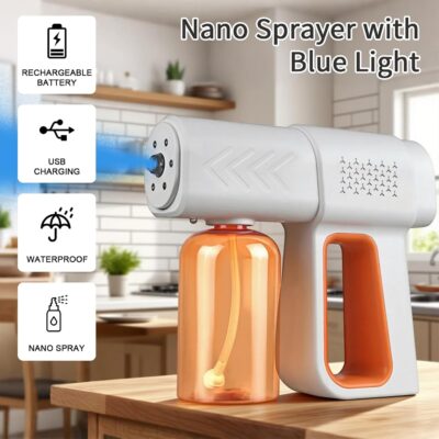Disinfectant Sprayer Professional Disinfectant Fogger Machine, 380ml Wireless Nano Sprayer Gun Handheld Sanitizer Fogger, Blue Light Foggers for Touchless Sanitization (Orange)