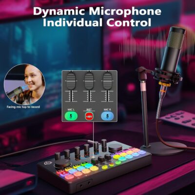Podcast Equipment Bundle for 4, Audio Interface with 4 Dynamic Microphone, 4 Desktop Mic Stands, Voice Change, DJ Mixer for Vocal Recording Podcasting,Streaming,Singing TikTok, COMMANDER M100 3rd