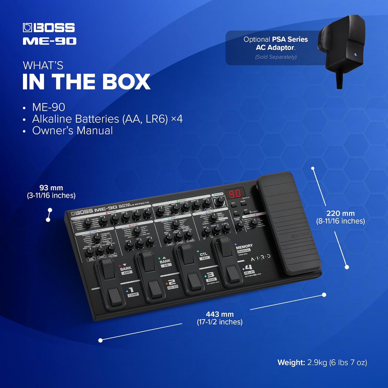 BOSS ME-90 Guitar Multi-Effects | All-In-One Guitar Processor | 11 Onboard AIRD Amp Models | 60 Effects derived from the GT-1000 | 8 Multi-Function Footswitches & Redesigned Expression Pedal