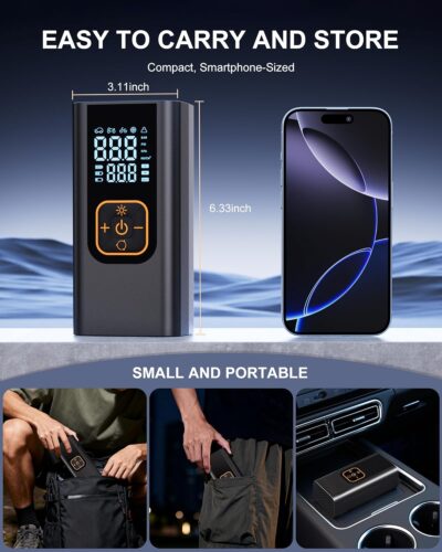 180PSI Tire Inflator Portable Air Compressor, 6X Faster Air Pump for Car Tires with Digital Pressure Gauge, 12V DC Adapter, LED Light, Portable Tire Inflator for Car, Motorcycle, Bike, Obsidian