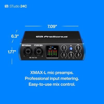 PreSonus Studio 24c 2×2, 192 kHz, USB Audio Interface with Studio One DAW Recording Software