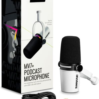 Shure MV7+ Podcast Dynamic Microphone – OBS Certified, Enhanced Audio, LED Panel, USB-C & XLR Outputs, Auto Level Mode, Digital Pop Filter, Reverb Effects – For Podcasting, Streaming, Recording, White