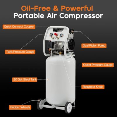 Albott 20 Gallon Vertical Air Compressor, 1.8 HP Electric Air Compressor with Copper Motor, 120 PSI Max, Portable Ultra Quiet Tank for Garage, Nailing, Tire Inflation