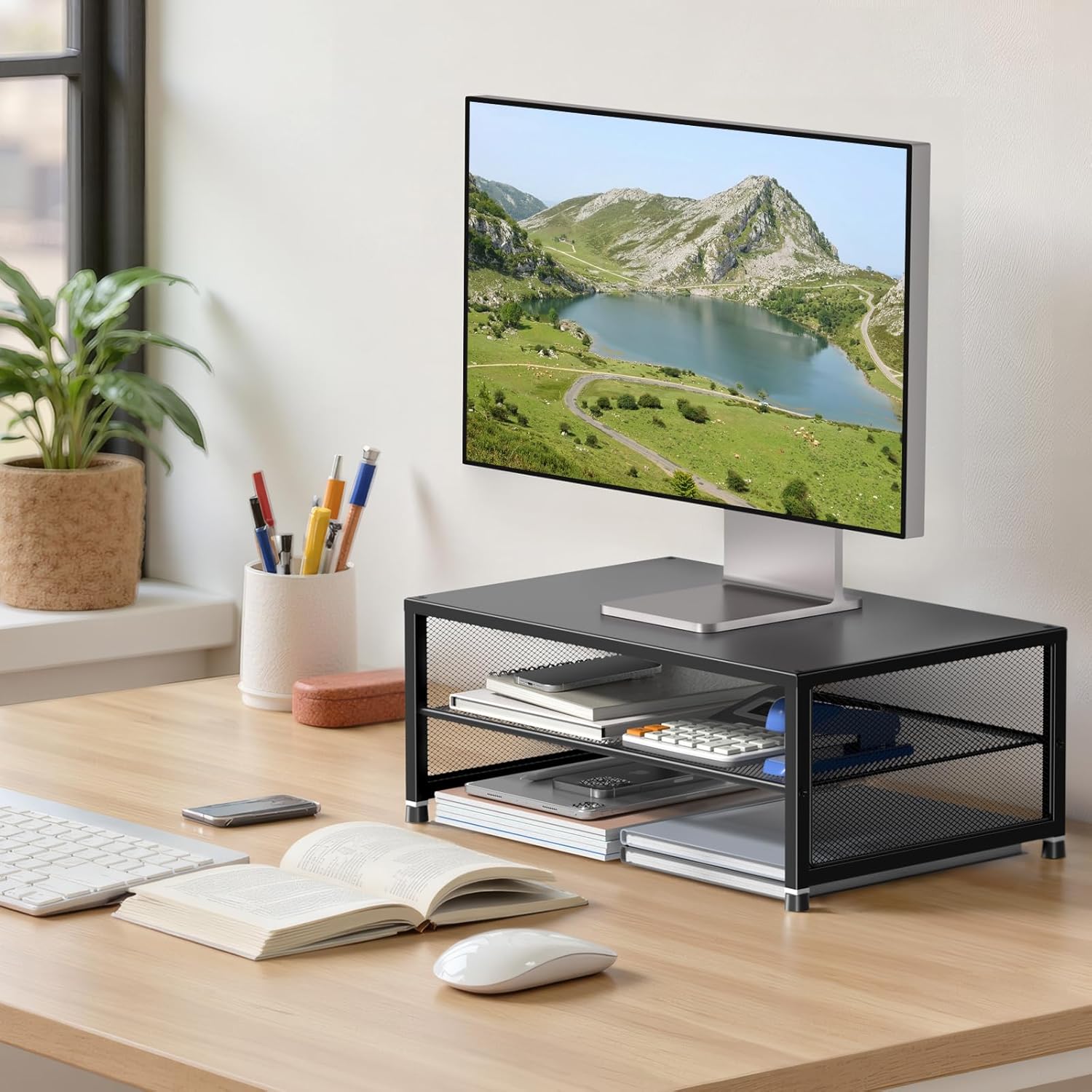 2-Tier Computer Monitor Stand Riser, Desk Organizer for Monitor, Printer & Laptop Stand, Desktop Workspace Organizers for Office Supplies(Black)