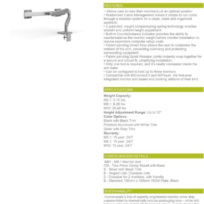Humanscale M8.1 Adjustable Dual Monitor Arm with Crossbar – Two Piece Clamp Mount – Silver M81CMSB2G