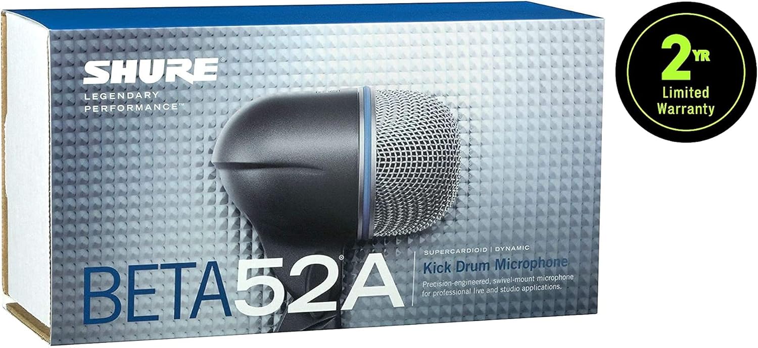 Shure BETA 52A Kick Drum Microphone – Supercardioid Dynamic Mic with High Output Neodymium Element, Locking Stand Adapter, Durabl Steel Mesh Grille and Shock Mount