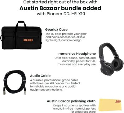 Pioneer DJ DDJ-FLX10 4-Channel Professional DJ Controller – Black Bundle with Carrying Case, HDJ-CUE1 Headphones, XLR Cable, and Austin Bazaar Polishing Cloth